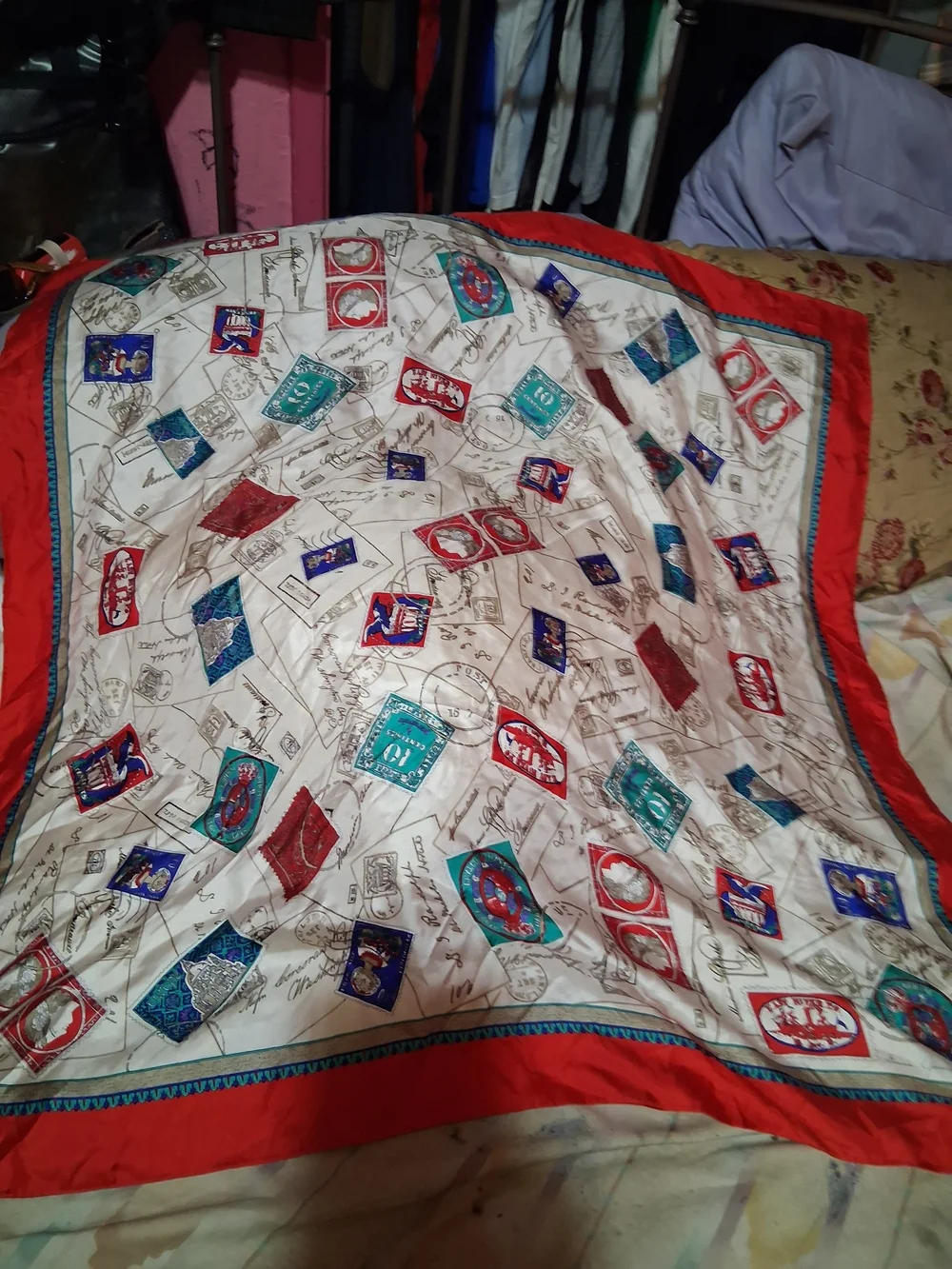 Cream Postage-Print Silk Scarf with Red Border